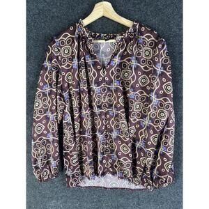 Ann Taylor Blouse Women L Large Purple Geometric Long Sleeve V-Neck Casual